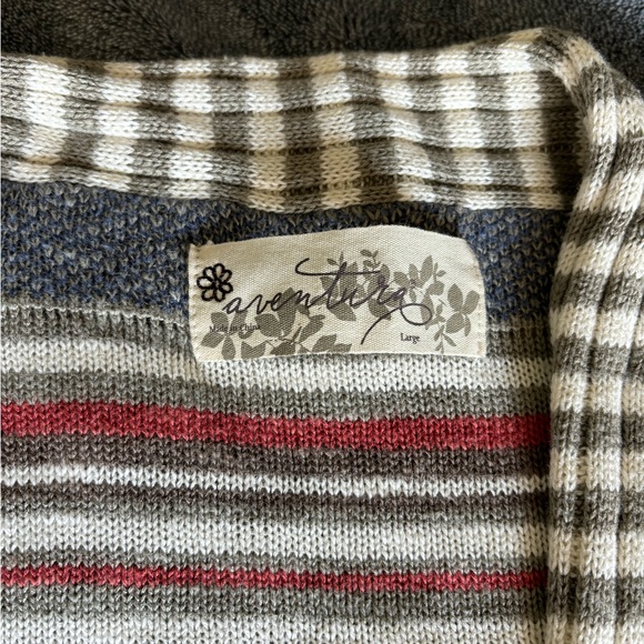 Aventura navy, grey, red, white cardigan sweater w striped pattern. Size large - Picture 2 of 6
